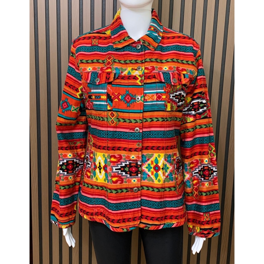 Chicos Southwestern Geometric Print Cotton Button Up Jacket Orange Red Size 2
